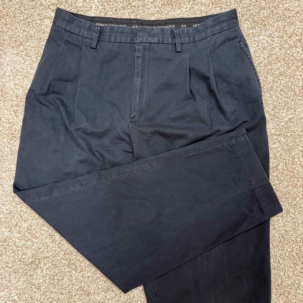 Armani Exchange Mens Trousers 34x30 Black Pleated Cotton Tapered Pants